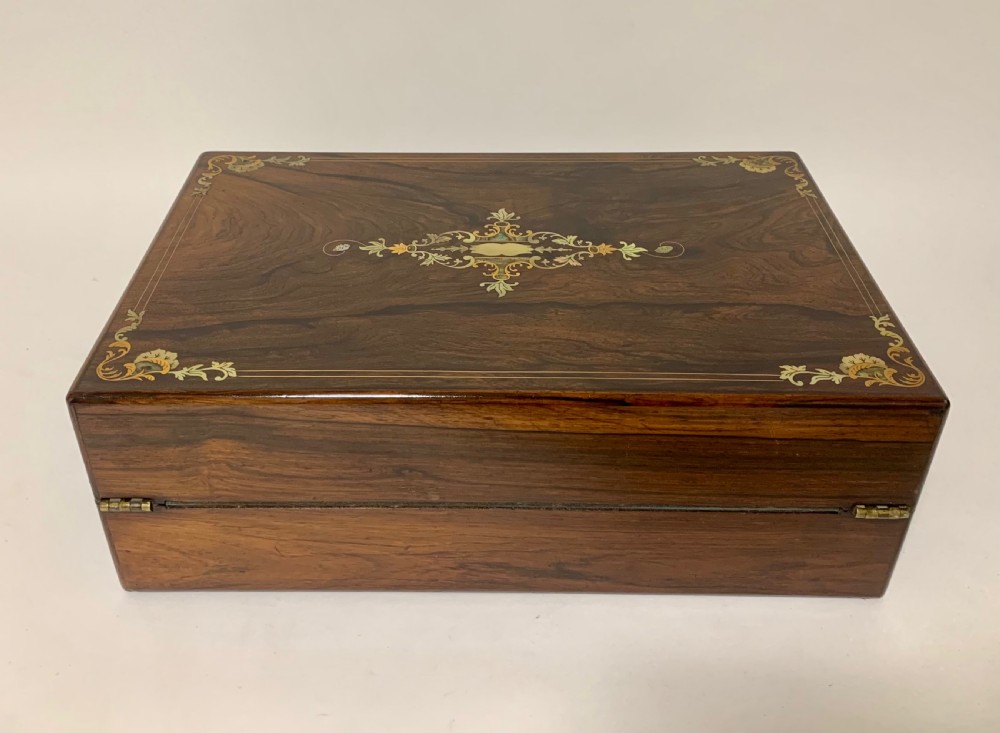 Antique Victorian Rosewood Abalone Mother of Pearl Inlaid Writing Slope Box View X