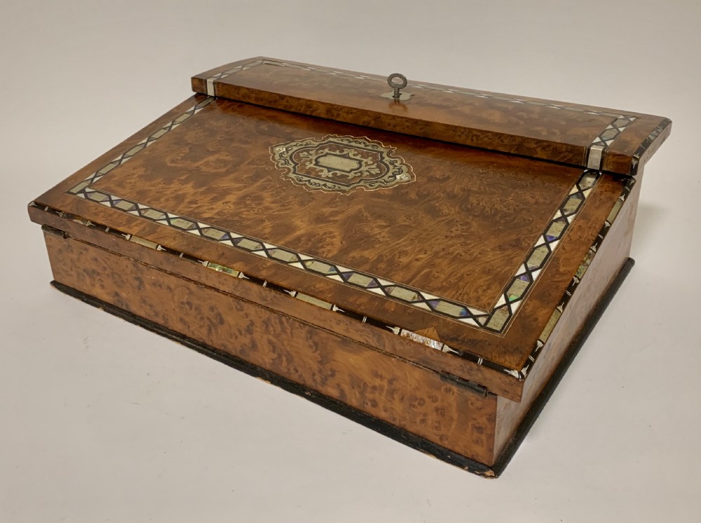 Antique Regency Amboyna Mother of Pearl Inlaid Writing Slope Lap Box