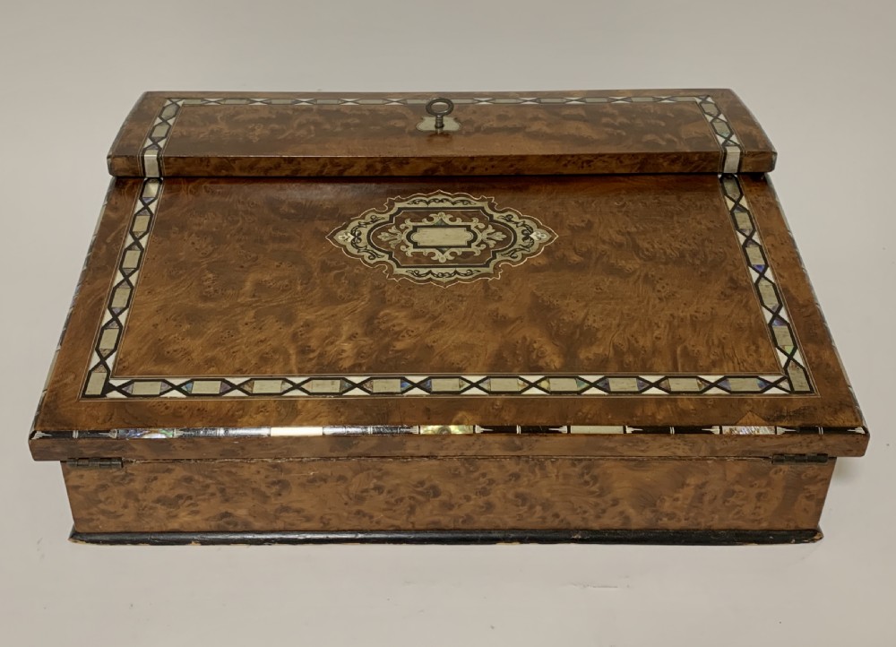 Antique Regency Amboyna Mother of Pearl Inlaid Writing Slope Lap Box View II