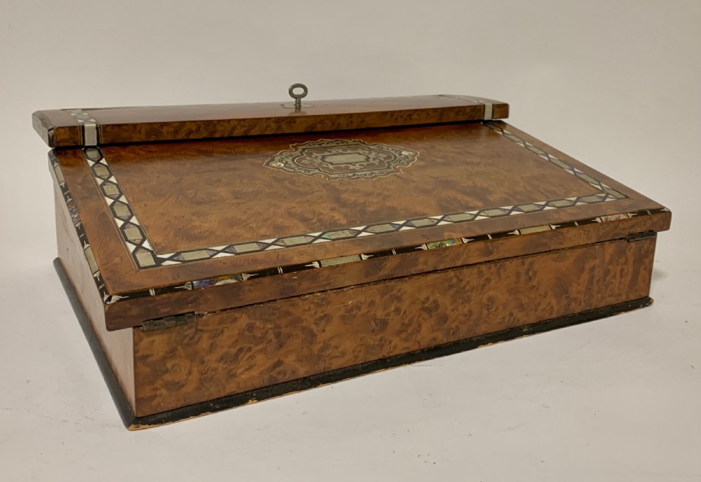Antique Regency Amboyna Mother of Pearl Inlaid Writing Slope Lap Box View X