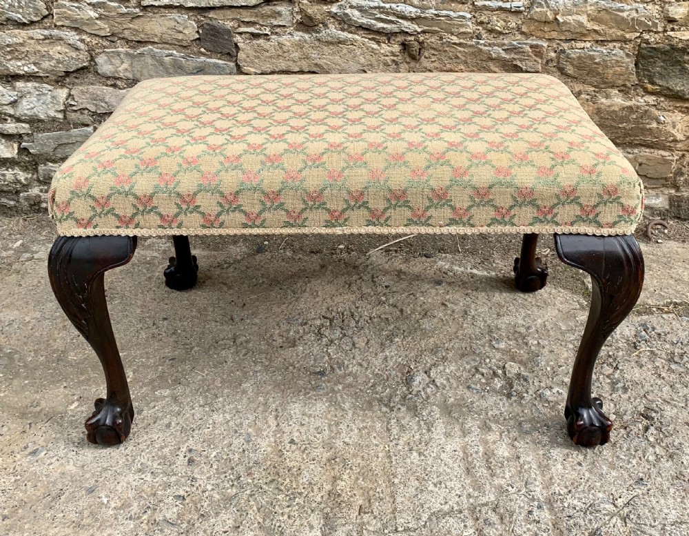 Large Antique Upholstered Ball and Claw Foot Stool
