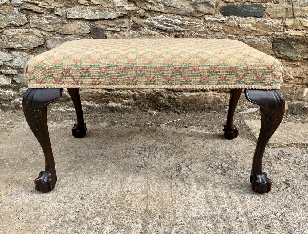Large Antique Upholstered Ball and Claw Foot Stool View II