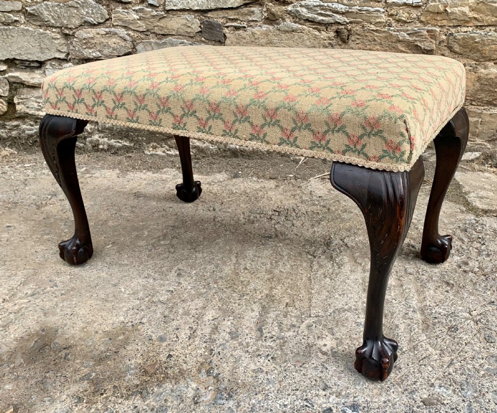 Large Antique Upholstered Ball and Claw Foot Stool View III