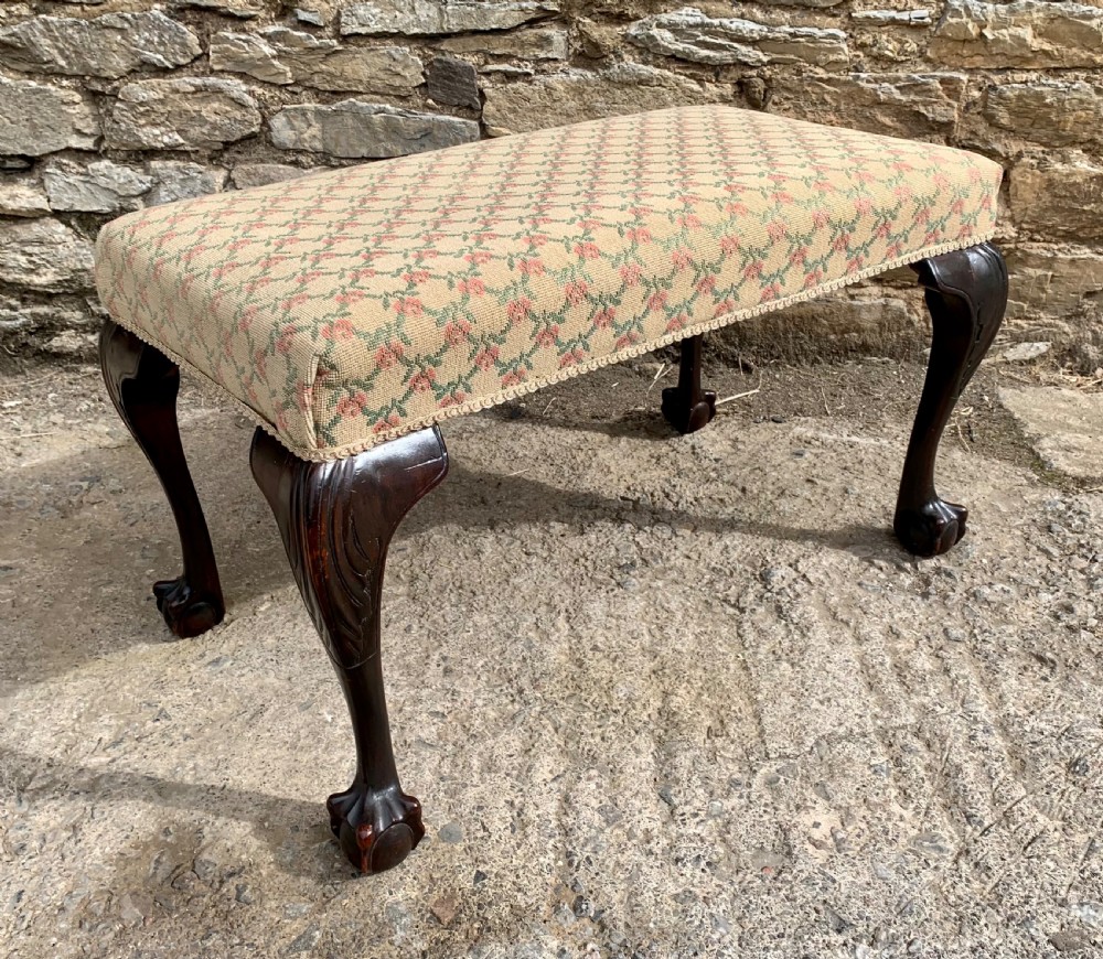 Large Antique Upholstered Ball and Claw Foot Stool View IX