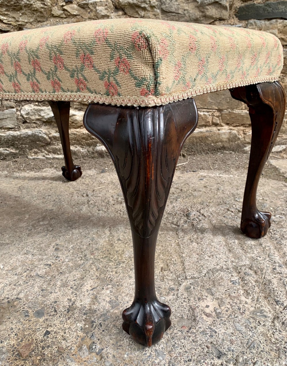 Large Antique Upholstered Ball and Claw Foot Stool View XIII