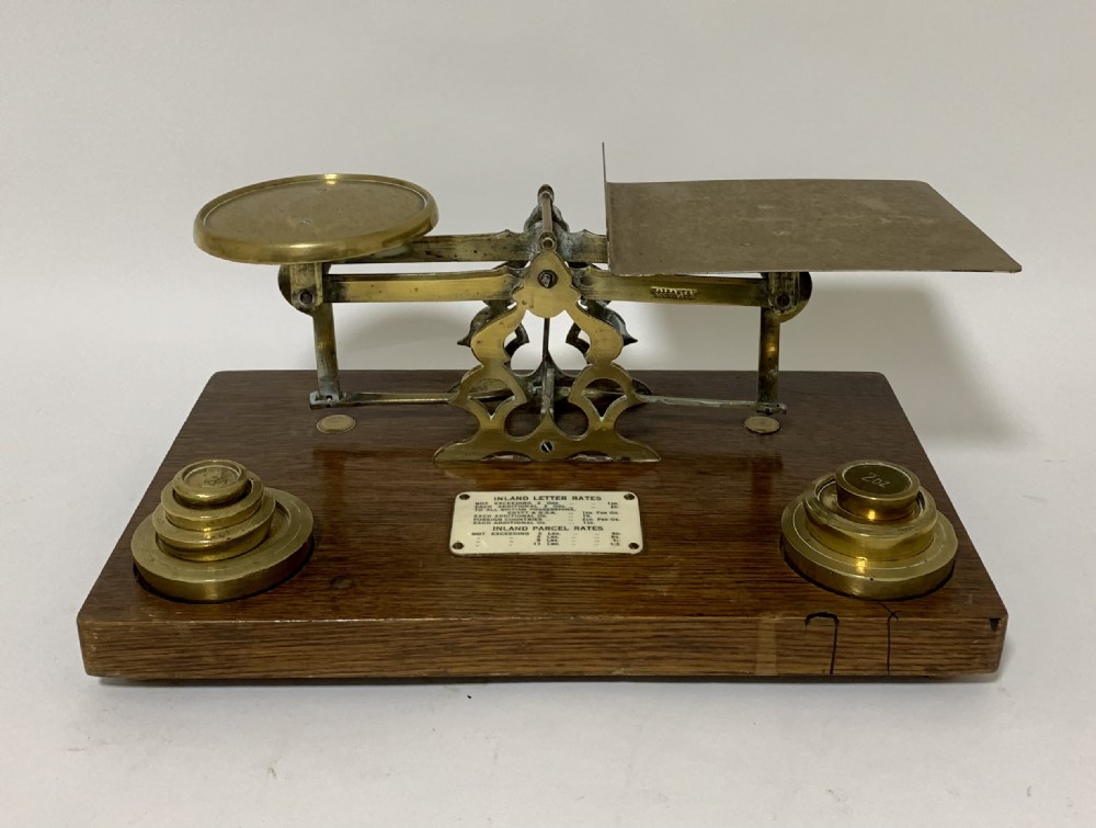 Large Antique Brass Postal Letter Scales with Weights 