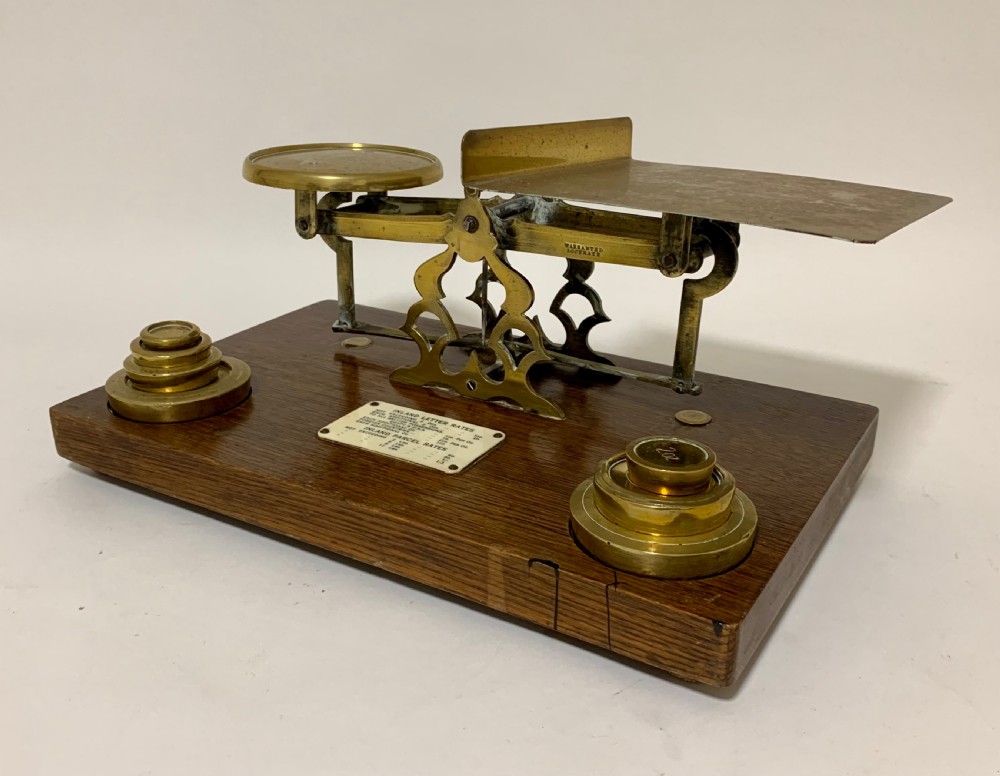 Large Antique Brass Postal Letter Scales with Weights  View V