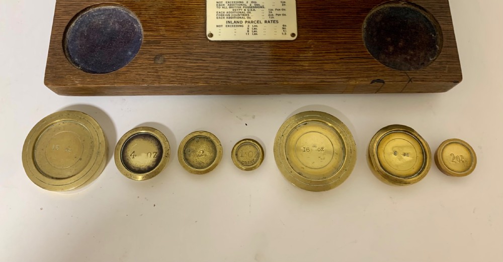 Large Antique Brass Postal Letter Scales with Weights  View XI