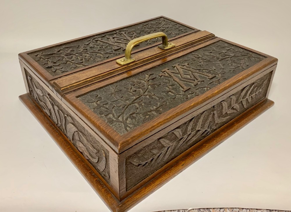 Large Antique Victorian Carved Oak Housekeepers Cutlery Box View III