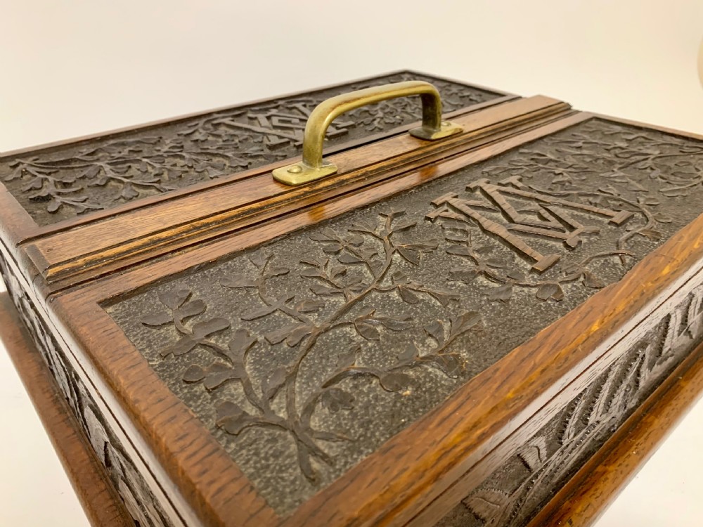 Large Antique Victorian Carved Oak Housekeepers Cutlery Box View V