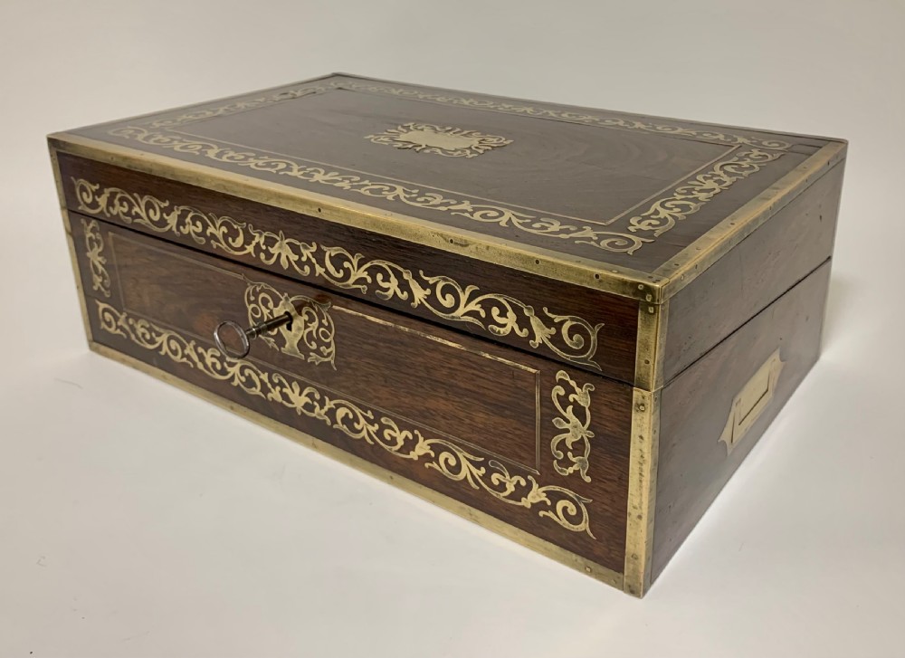 Antique Rosewood Brass Inlaid Writing Slope Box View VI