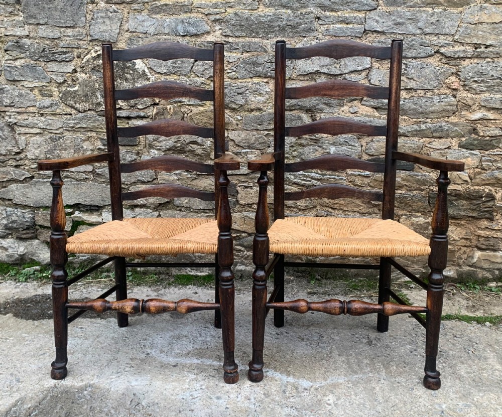 Pair of Rush Seat Ladderback Carver Chairs View V