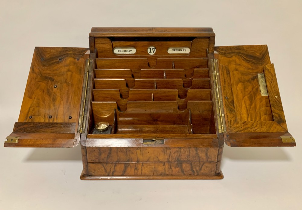 Victorian Burr Walnut Stationery Cabinet with Calendar