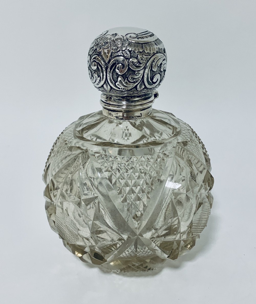 Large Edwardian Cut Glass Silver Scent Bottle