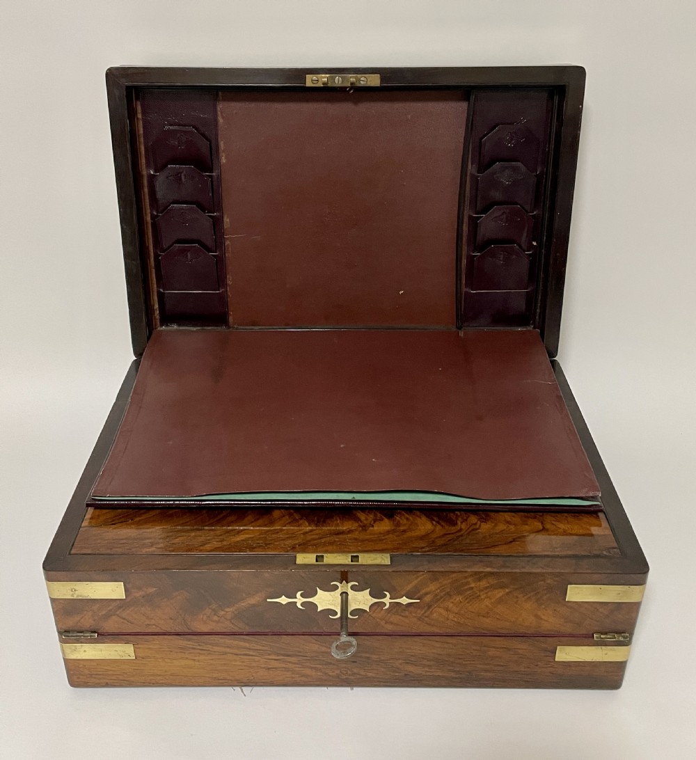 Victorian Rosewood Brass Bound Double Fold Writing Slope View X