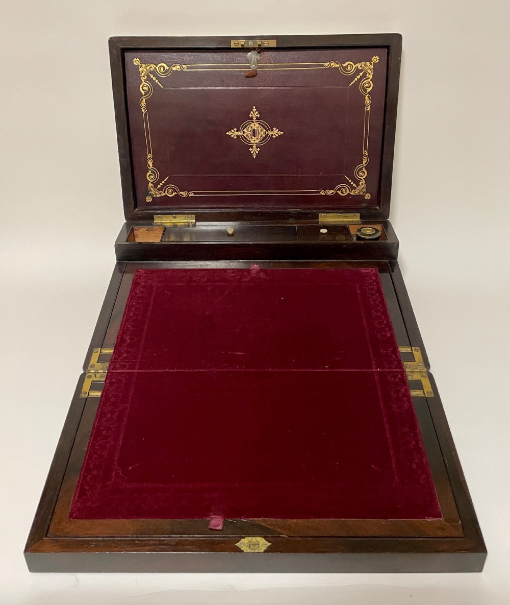 Victorian Rosewood Brass Bound Double Fold Writing Slope View XVI
