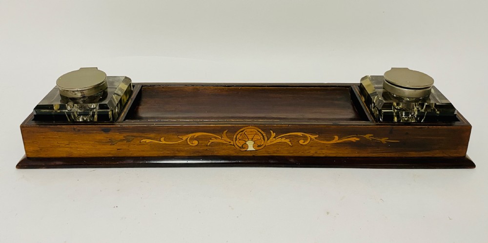 Antique Edwardian Inlaid Desktop Inkstand