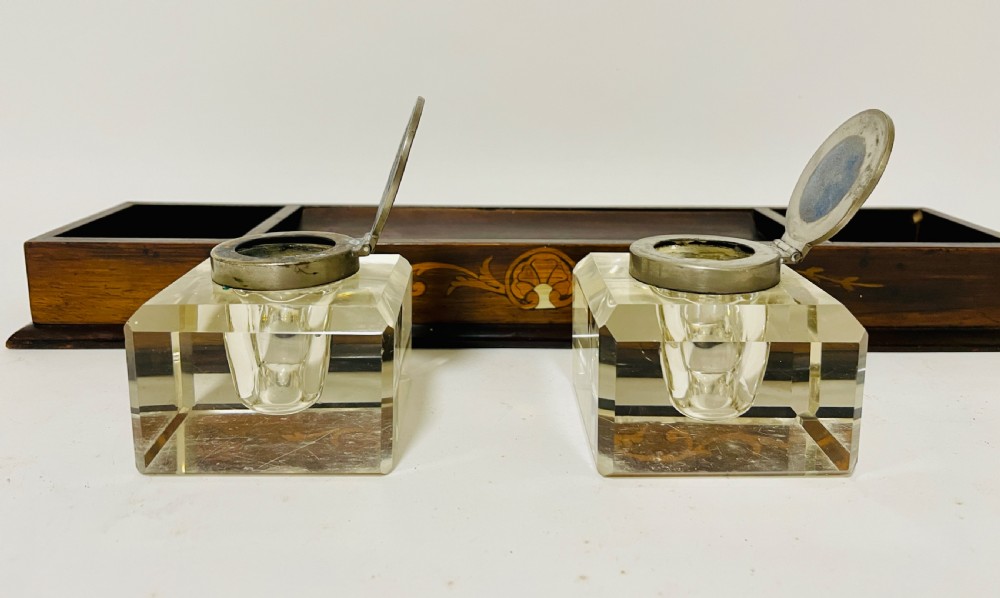 Antique Edwardian Inlaid Desktop Inkstand View V