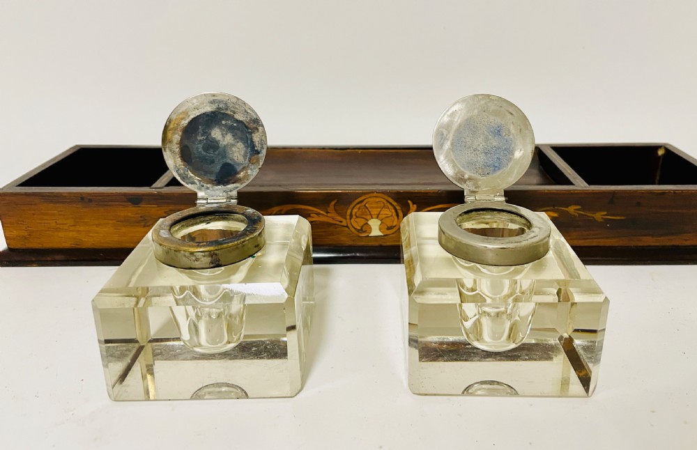 Antique Edwardian Inlaid Desktop Inkstand View VI