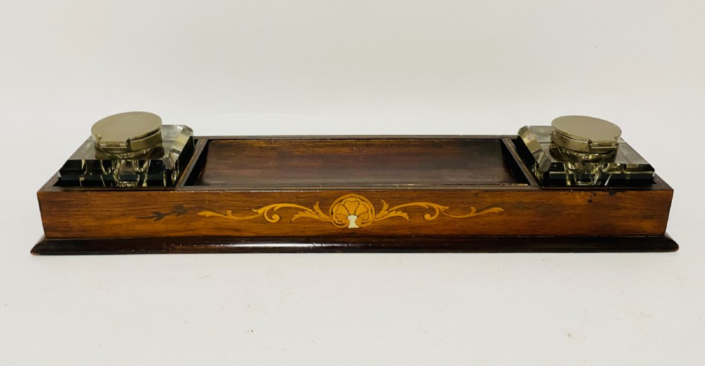 Antique Edwardian Inlaid Desktop Inkstand View IX