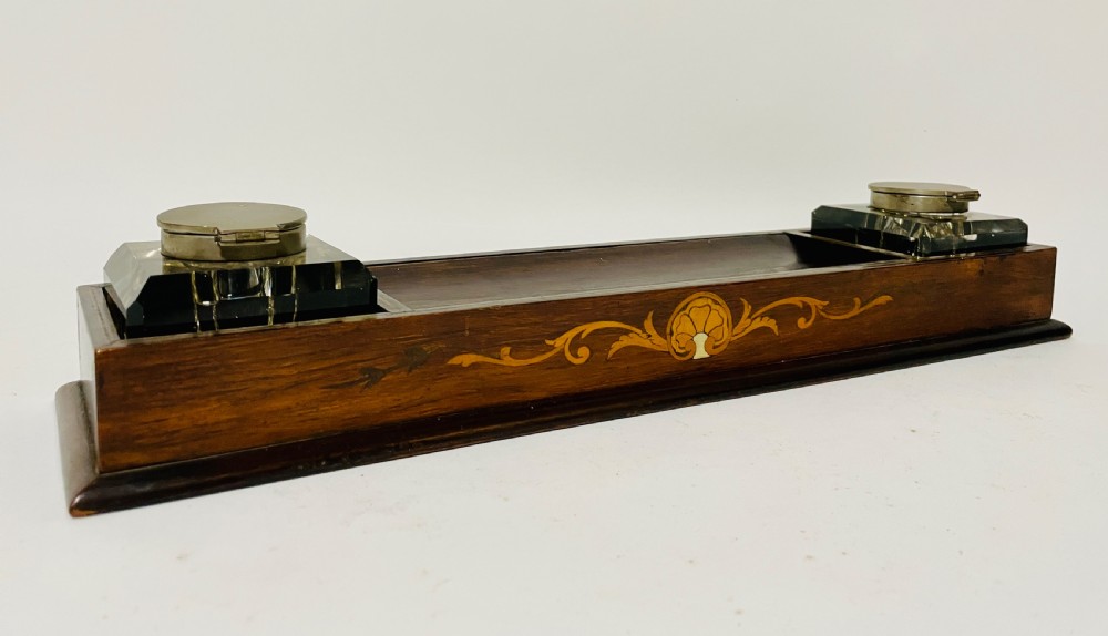 Antique Edwardian Inlaid Desktop Inkstand View X