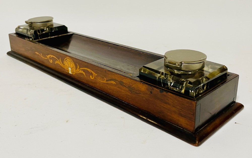 Antique Edwardian Inlaid Desktop Inkstand View XII