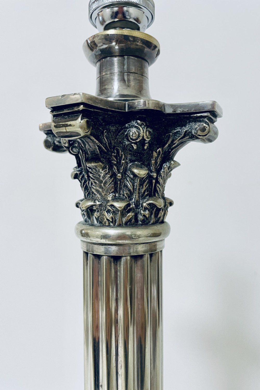 Antique Silver Plated Corinthian Column Table Lamp View X