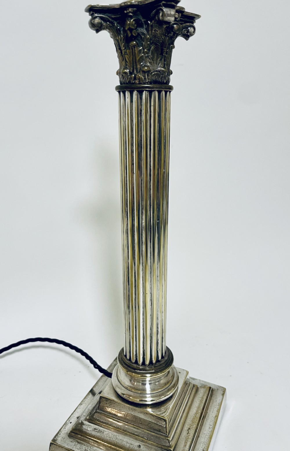 Antique Silver Plated Corinthian Column Table Lamp View VIII