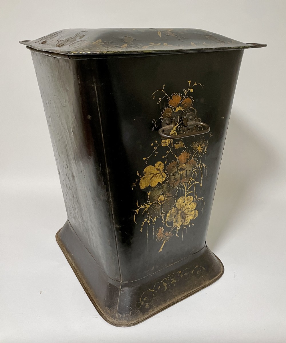 Antique Victorian Toleware Coal Bin with Liner View XII