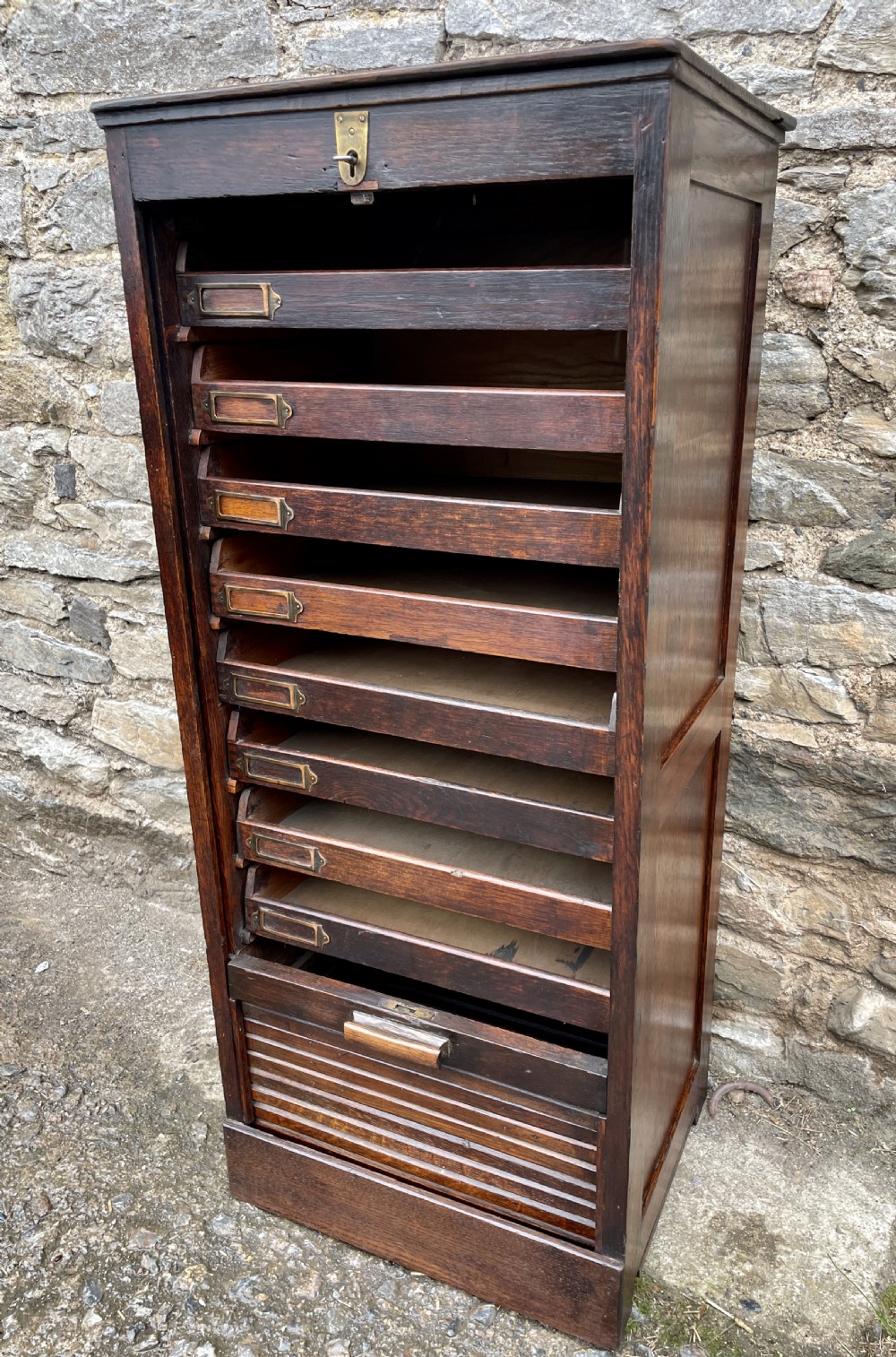 Antique Oak Tambour Filing Cabinet View XII