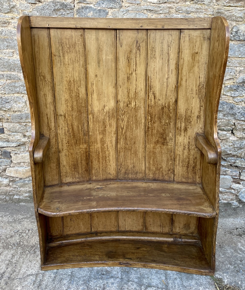 Antique Curved Wing Back Pine and Elm Settle