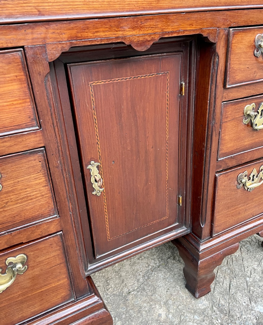 18th Century Georgian Elm and Fruitwood Kneehole Desk View XVII