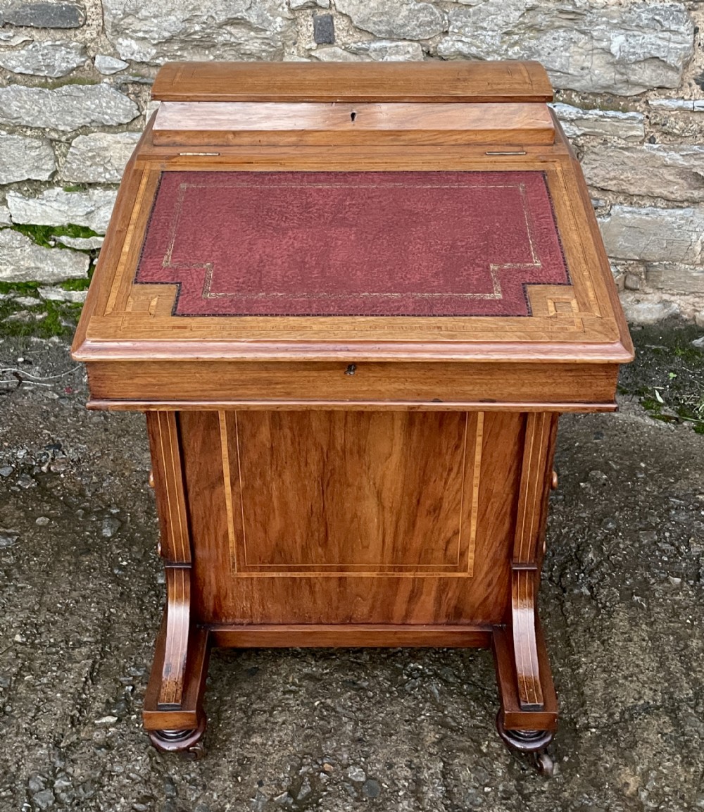 Antique Edwardian Walnut Inlaid Davenport