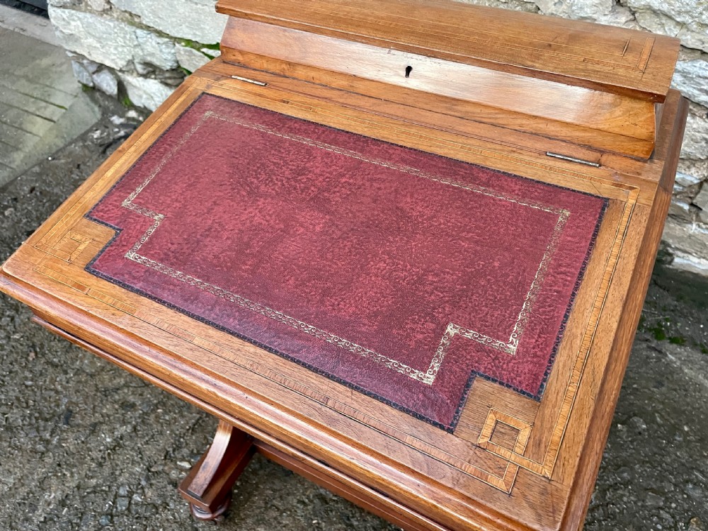 Antique Edwardian Walnut Inlaid Davenport View VIII