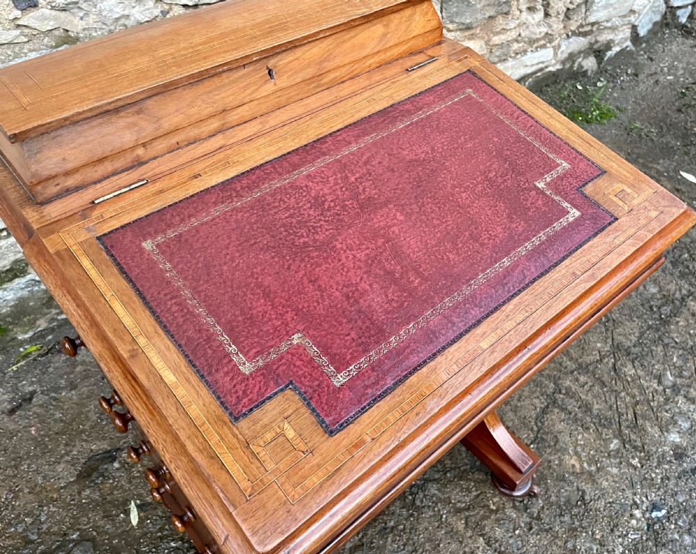 Antique Edwardian Walnut Inlaid Davenport View X