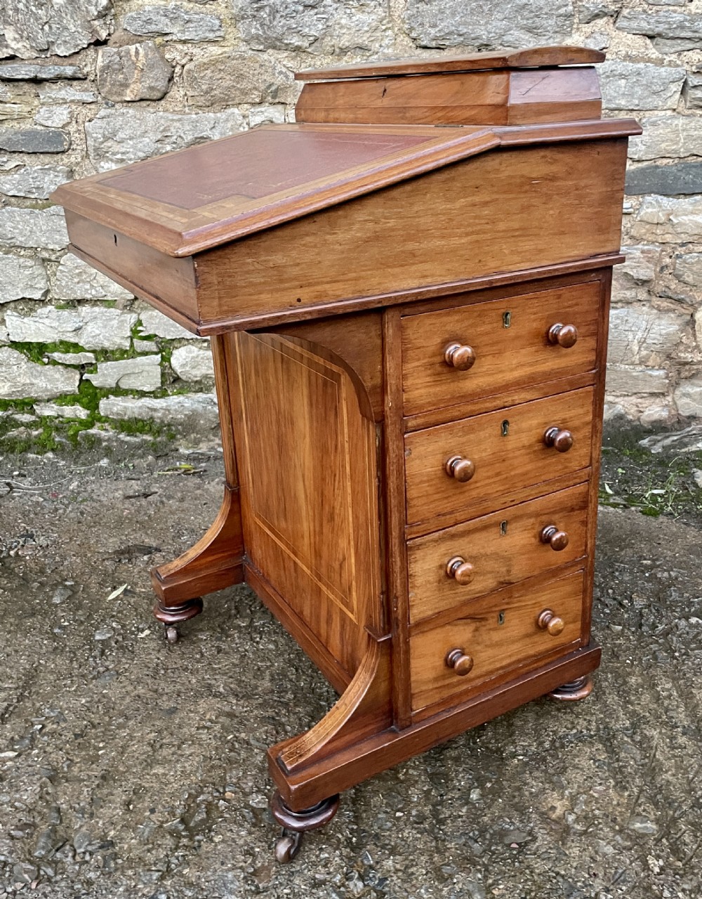 Antique Edwardian Walnut Inlaid Davenport View XV