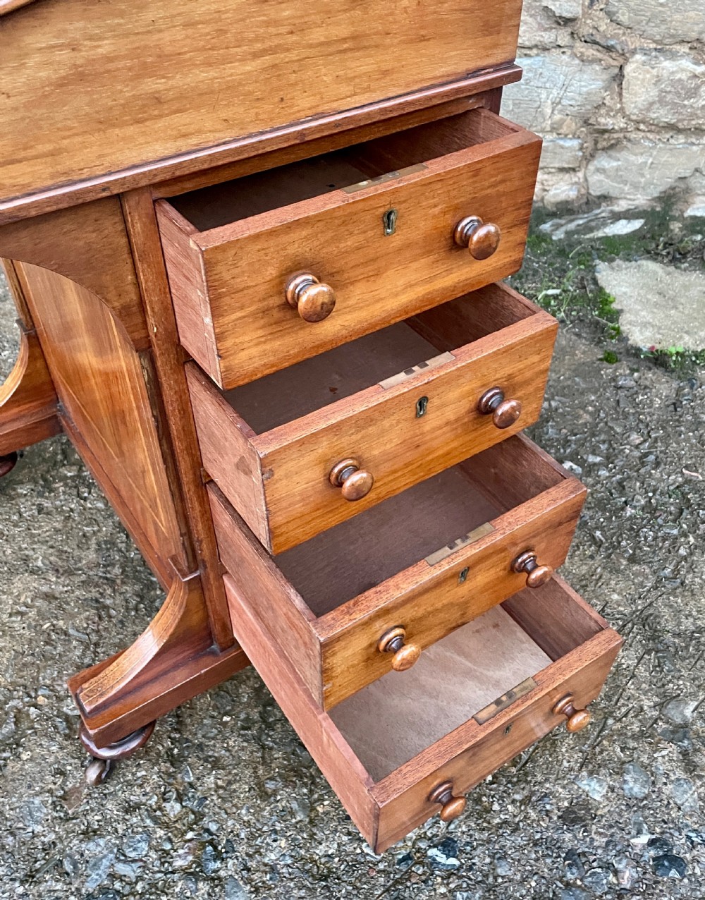 Antique Edwardian Walnut Inlaid Davenport View XVII
