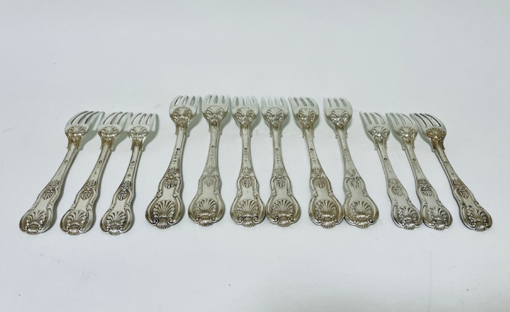Set of 12 Georgian Solid Silver Kings Pattern Forks View XII