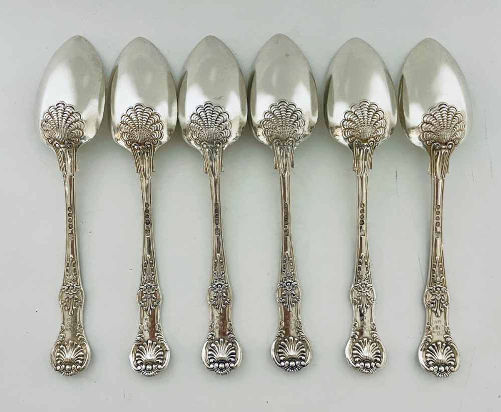Set of 6 Georgian Solid Silver Serving Spoons Kings Pattern View IX