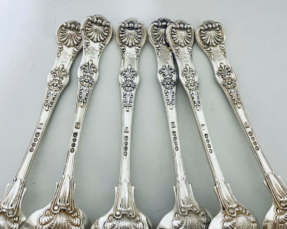 Set of 6 Georgian Solid Silver Serving Spoons Kings Pattern View XIII
