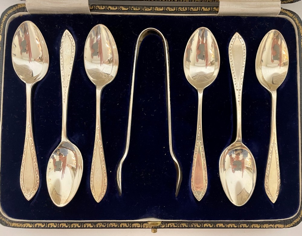 Set of Antique Silver Teaspoons and Sugar Tongs in Box View III