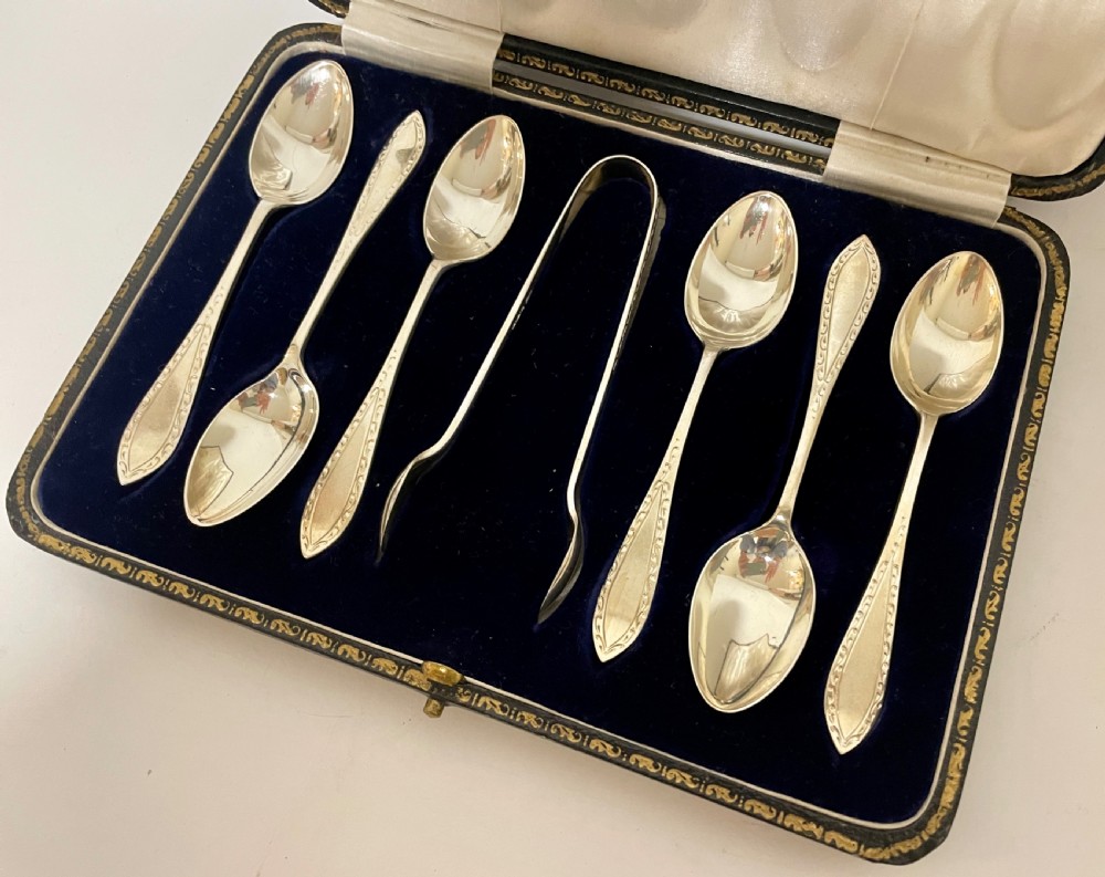 Set of Antique Silver Teaspoons and Sugar Tongs in Box View IV