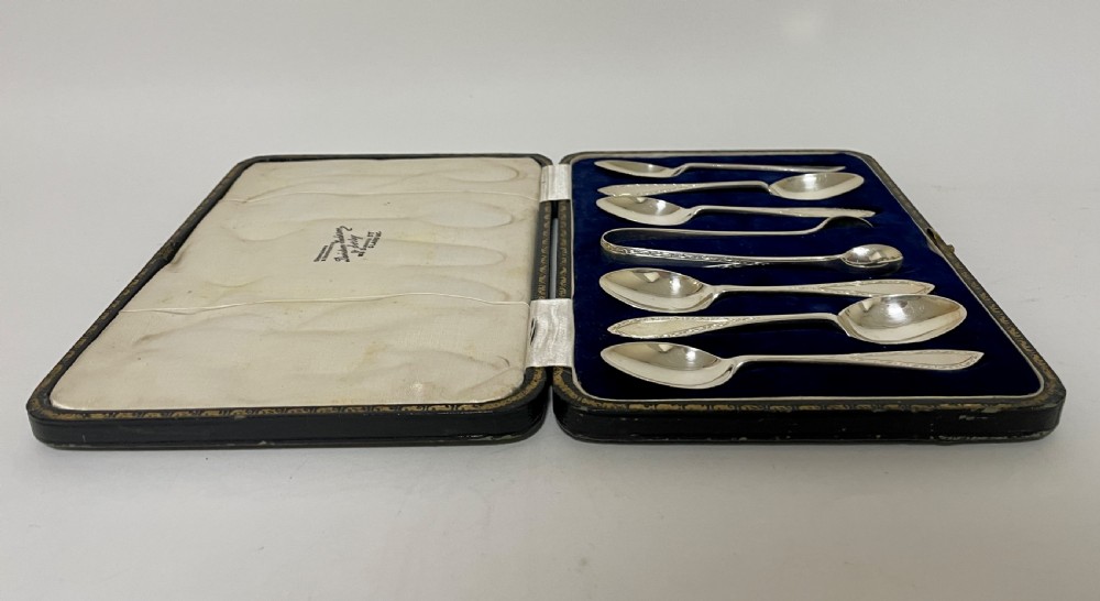 Set of Antique Silver Teaspoons and Sugar Tongs in Box View V
