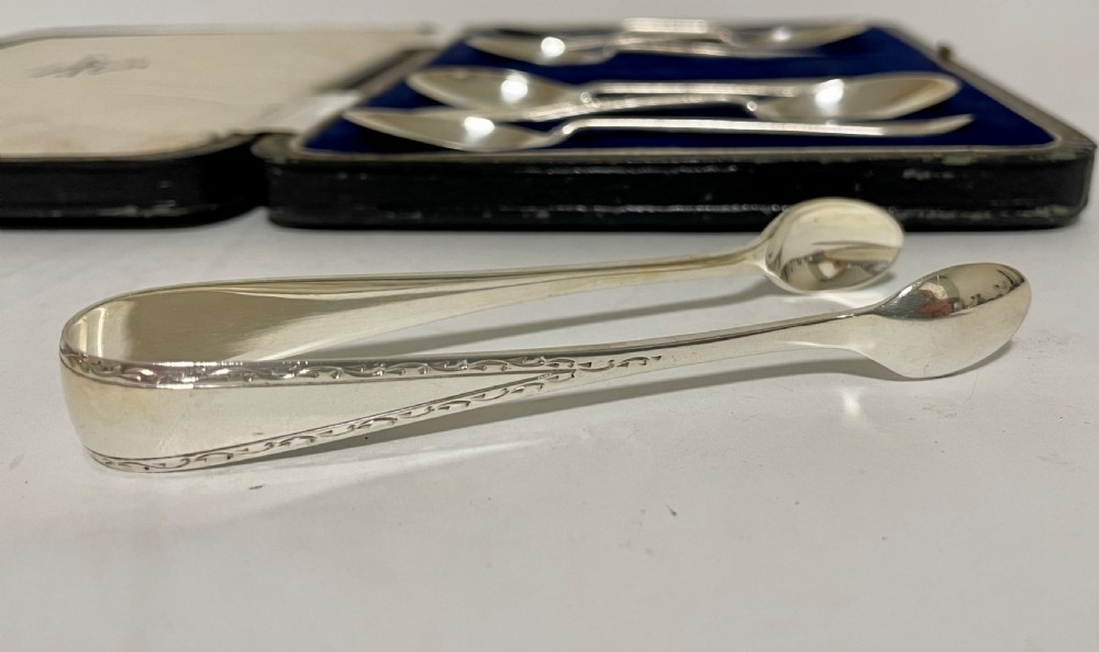 Set of Antique Silver Teaspoons and Sugar Tongs in Box View X