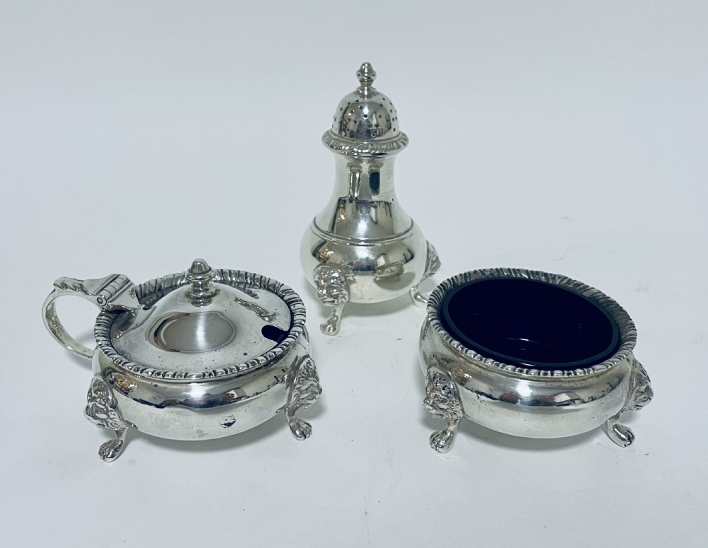 Superb Antique Solid Silver 3 Piece Cruet Set