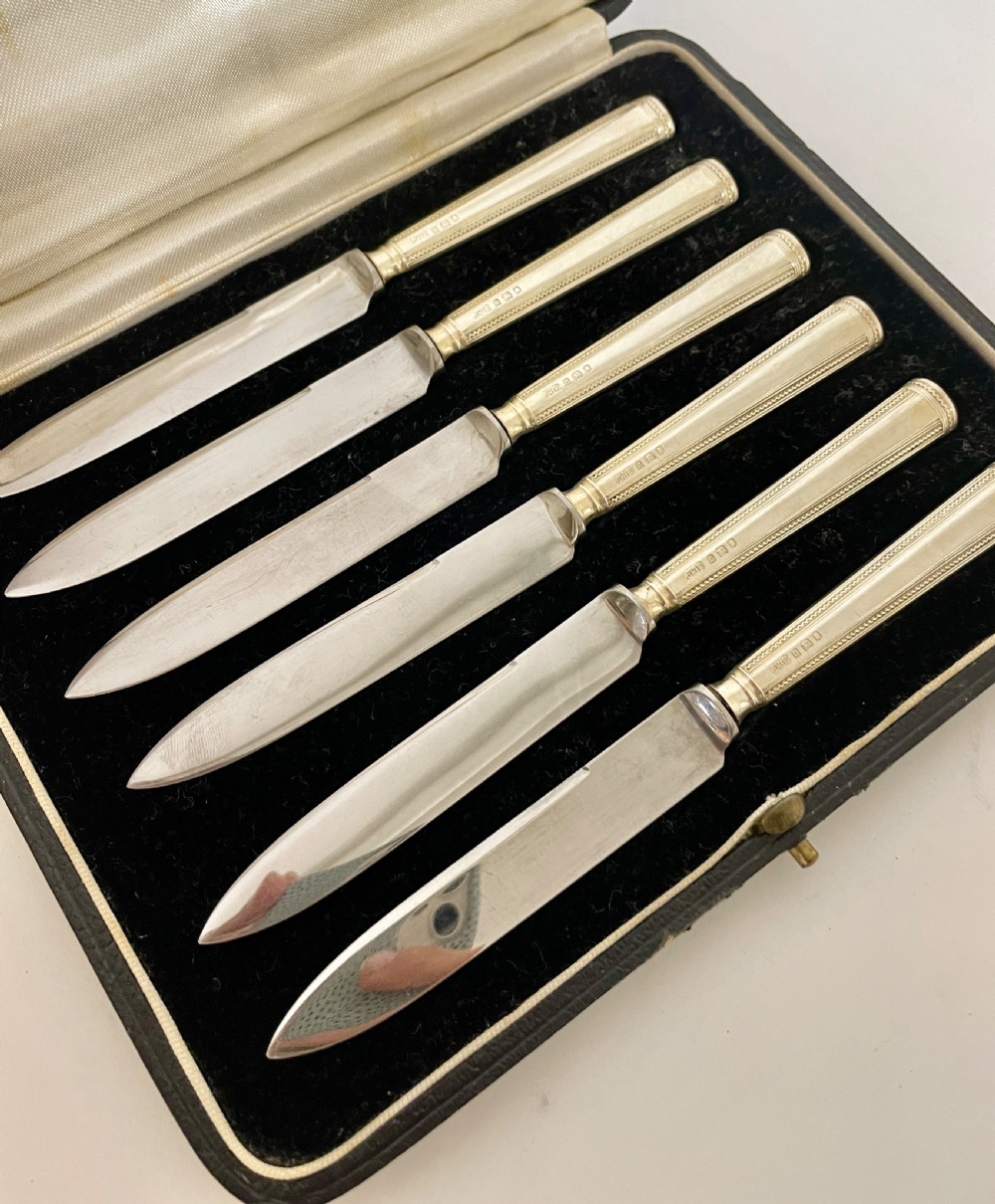 Set of 6 Antique Sterling Silver Fruit Knives in Box View II