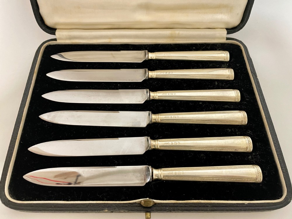 Set of 6 Antique Sterling Silver Fruit Knives in Box View V