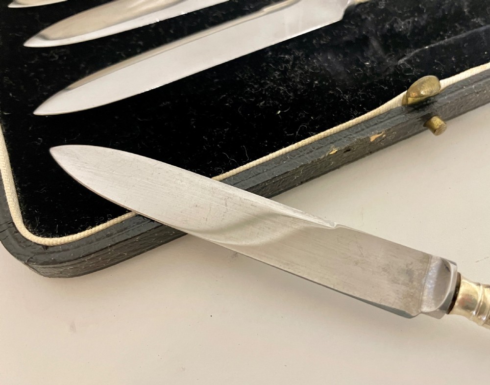 Set of 6 Antique Sterling Silver Fruit Knives in Box View IX
