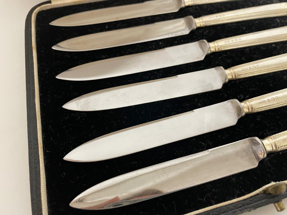 Set of 6 Antique Sterling Silver Fruit Knives in Box View X