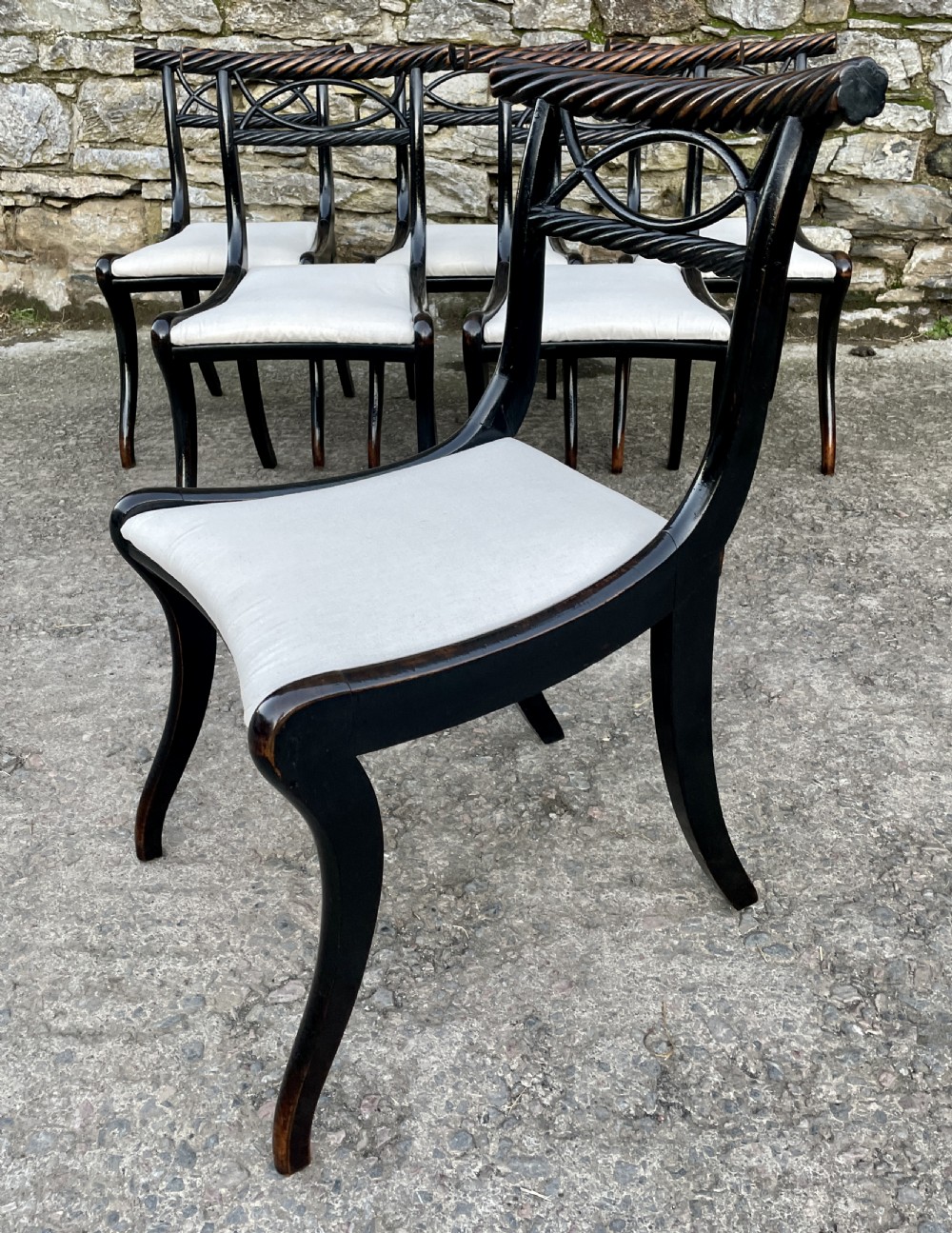 Set of 6 Regency Ebonised Rope Twist Trafalgar Chairs View X